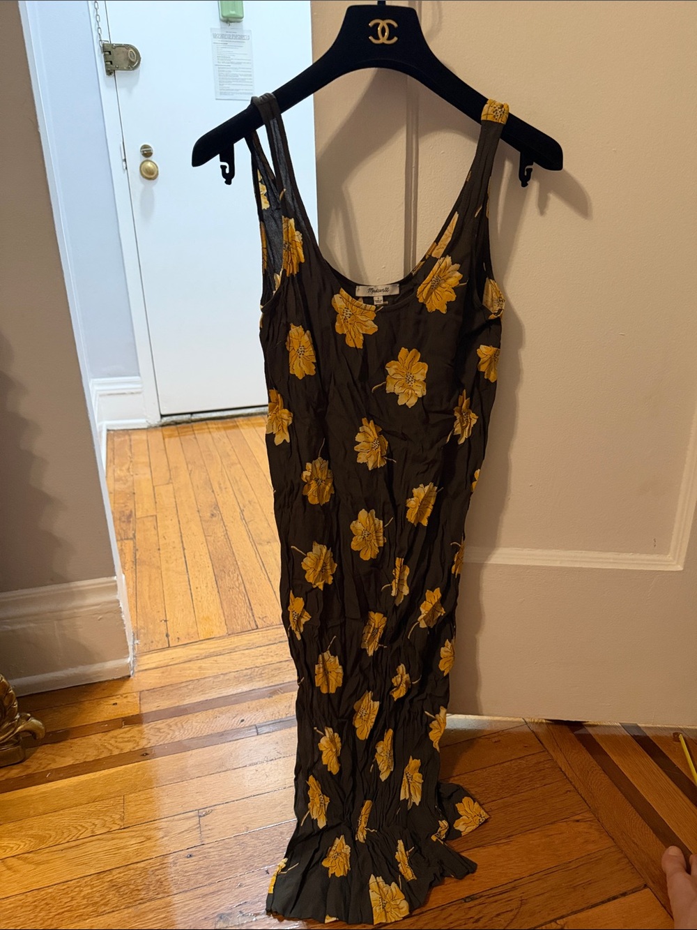 Sleeveless hunter green Dress with Yellow Floral Print